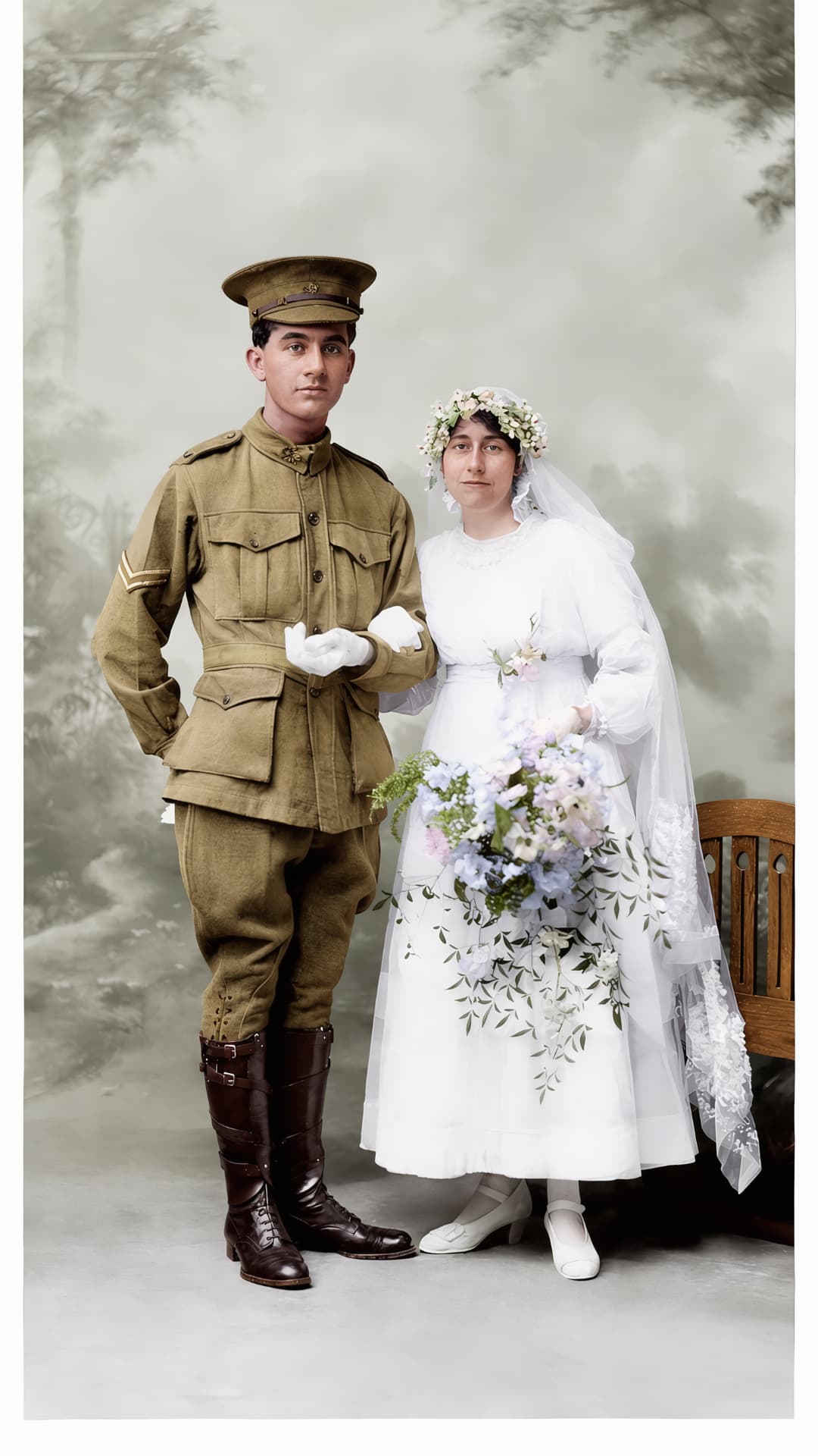 Restored photo after FixPix — A wartime wedding portrait — cleaned up and gently colourised