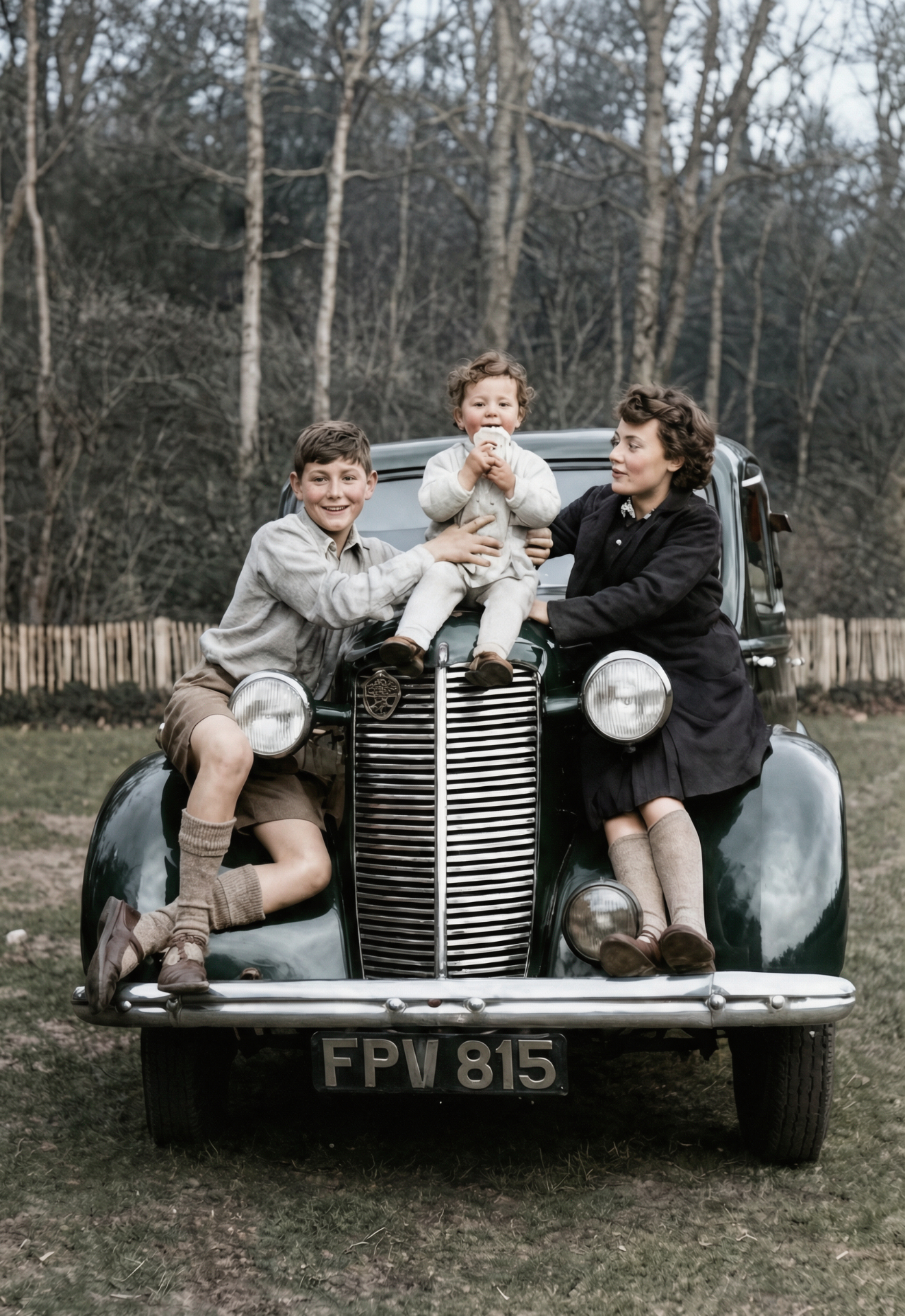 Restored photo after FixPix — Kids on the family car — sharpened and colorised