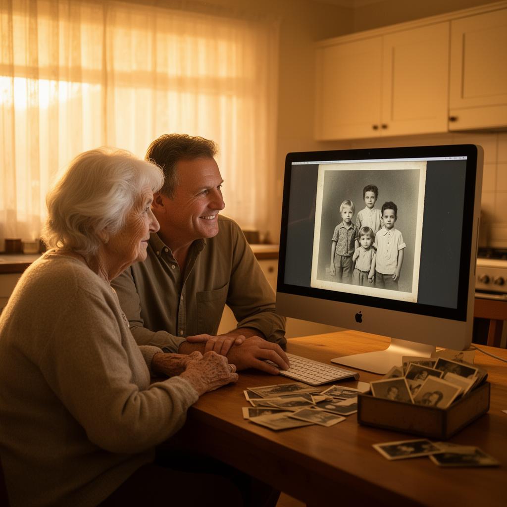 A man and his mother sitting at their kitchen table watching a restored family portrait appear on screen